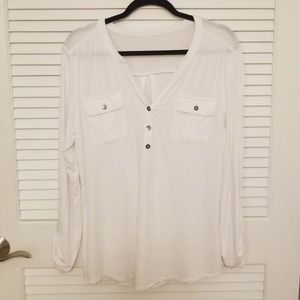A New Day V-Neck White Pocket Blouse